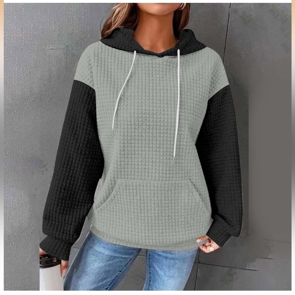 YNS Generic Two-Tone Waffle Hooded Pullover - Black & Light Gray